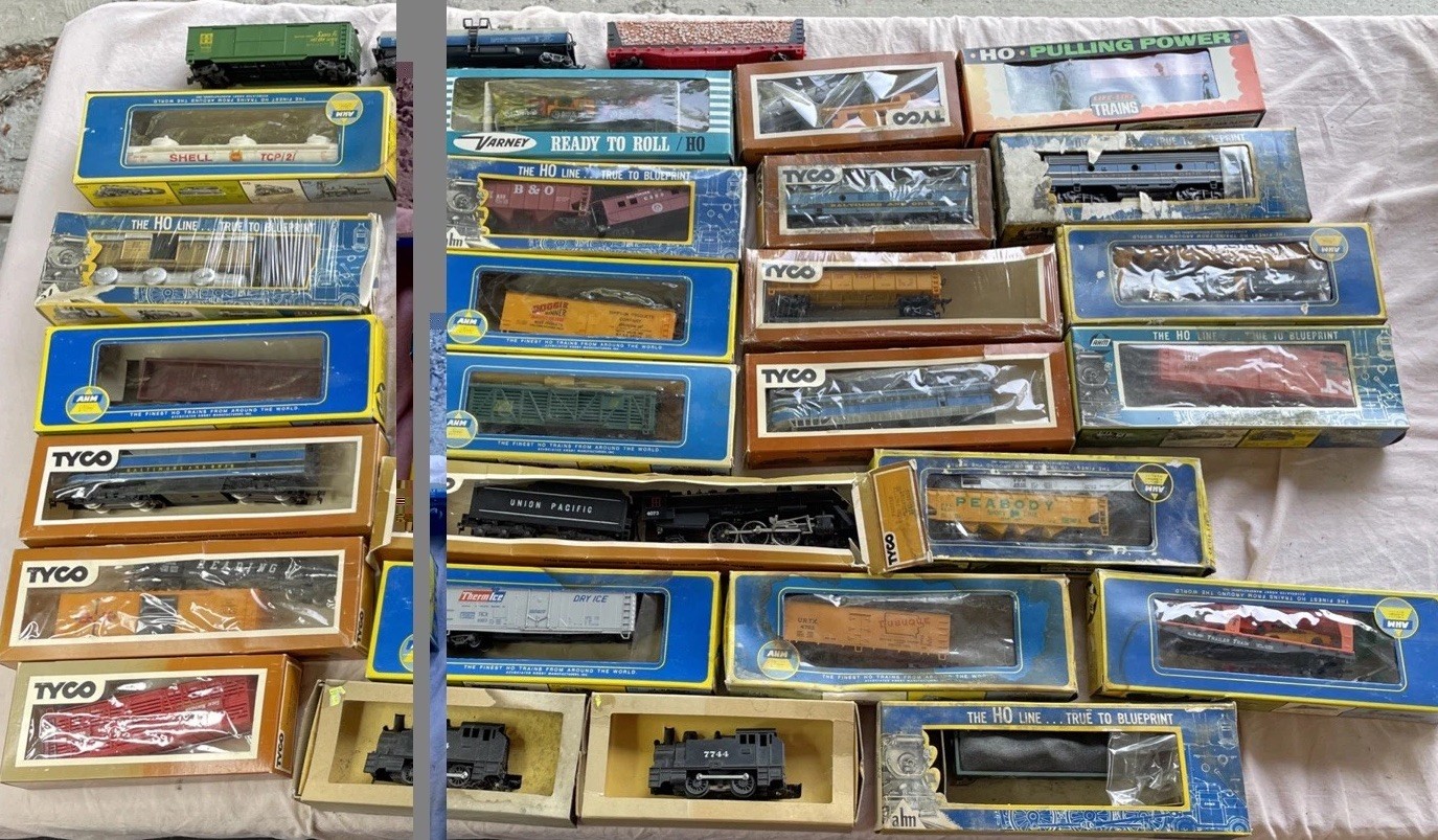 Vintage HO Scale Model Train Lot Tyco AHM Boxed Locomotives Freight Cars Estate