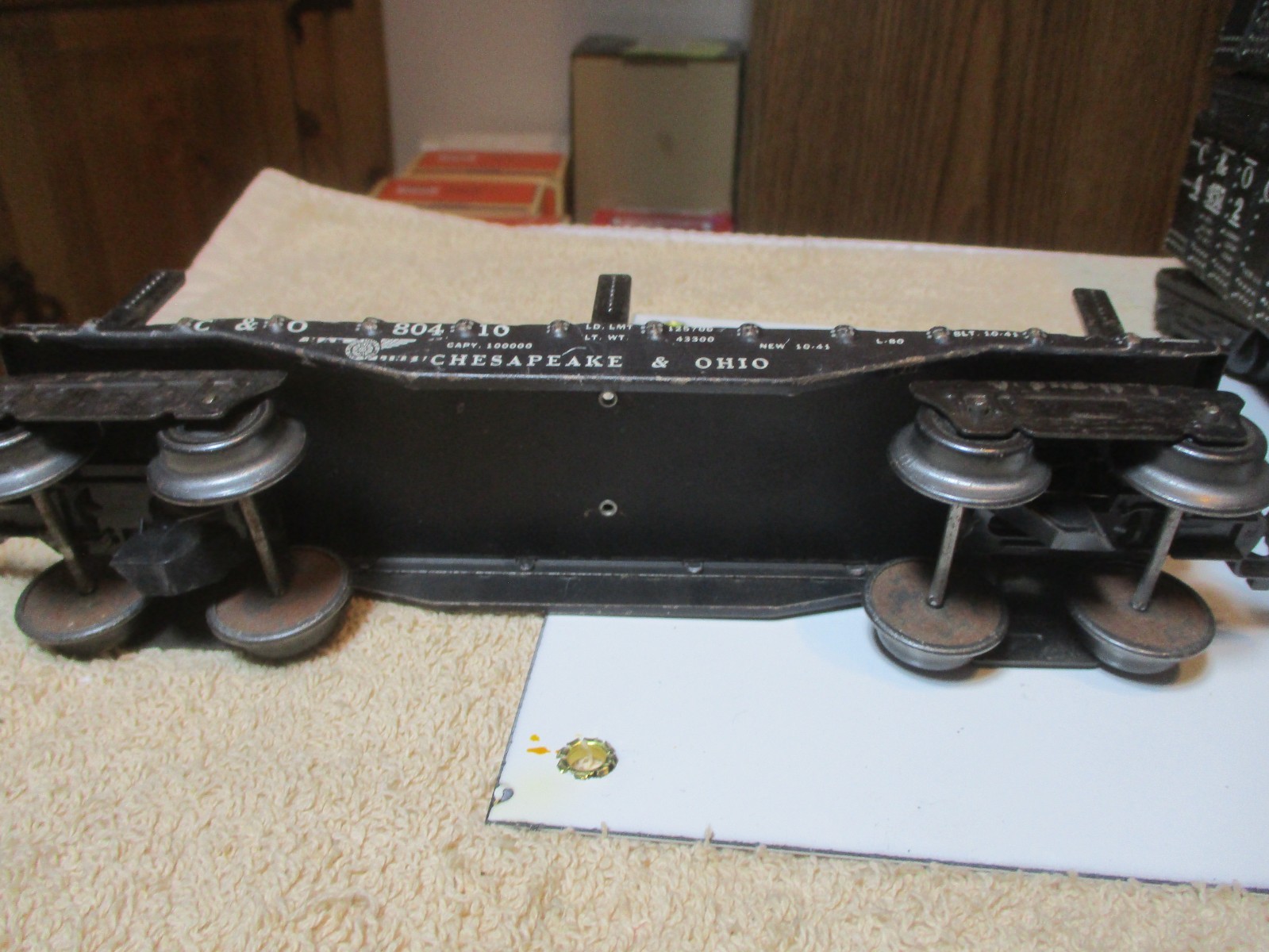Vintage Marx O Gauge Flat Car Chesapeake & Ohio 80410 Black Steel W/Stakes/Load