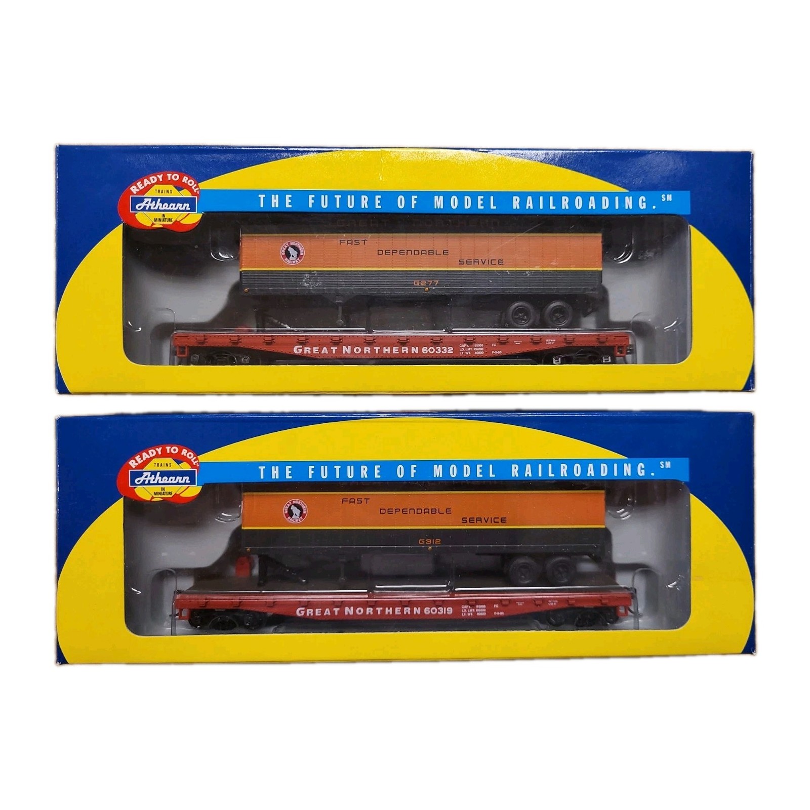 Athearn 72444 & 72445 Great Northern 50’ Flat Car with 40’ Trailer # 60319 60332