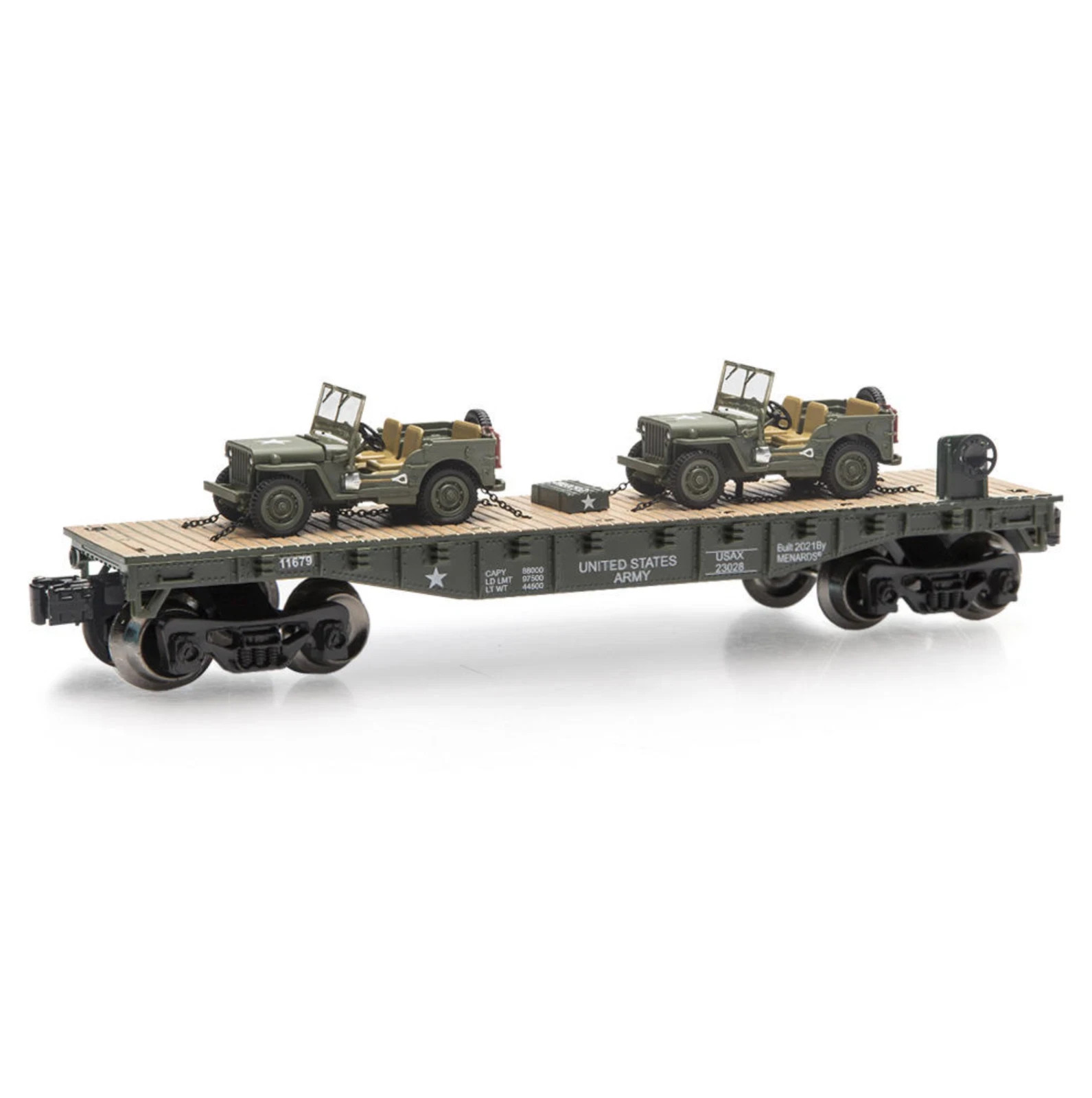 O Gauge Two US Military Army Cargo Jeeps Train Cars Camo Long Army Flatcar