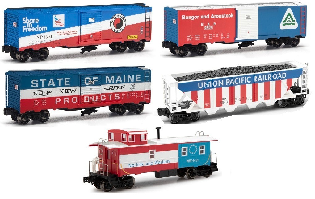 O Gauge 5 Piece – FREEDOM CONVOY – Red, White & Blue Rolling Stock & Caboose
