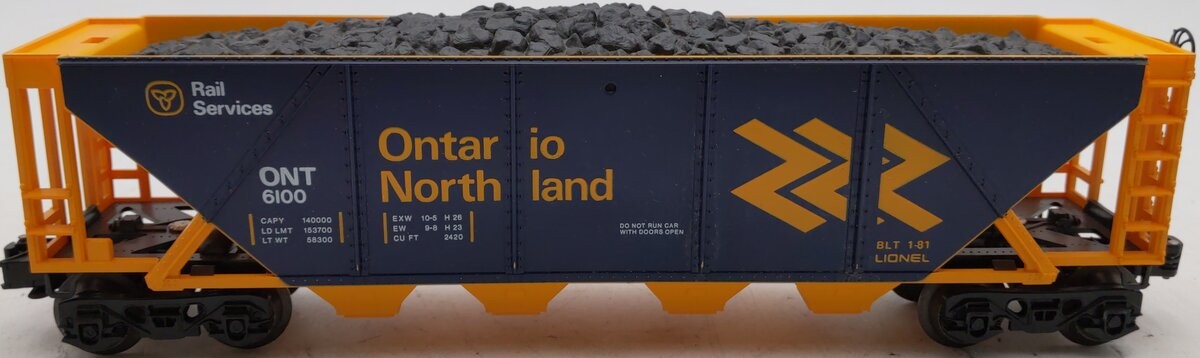 Lionel 6-6100 O Gauge Ontario Northland Uncovered Quad Hopper w/ Coal load LN