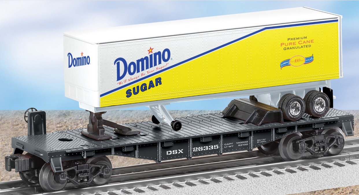 LIONEL DOMINO SUGAR FLATCAR W/ TRAILER 6-26335! O GAUGE TRAIN INTERMODAL TOFC
