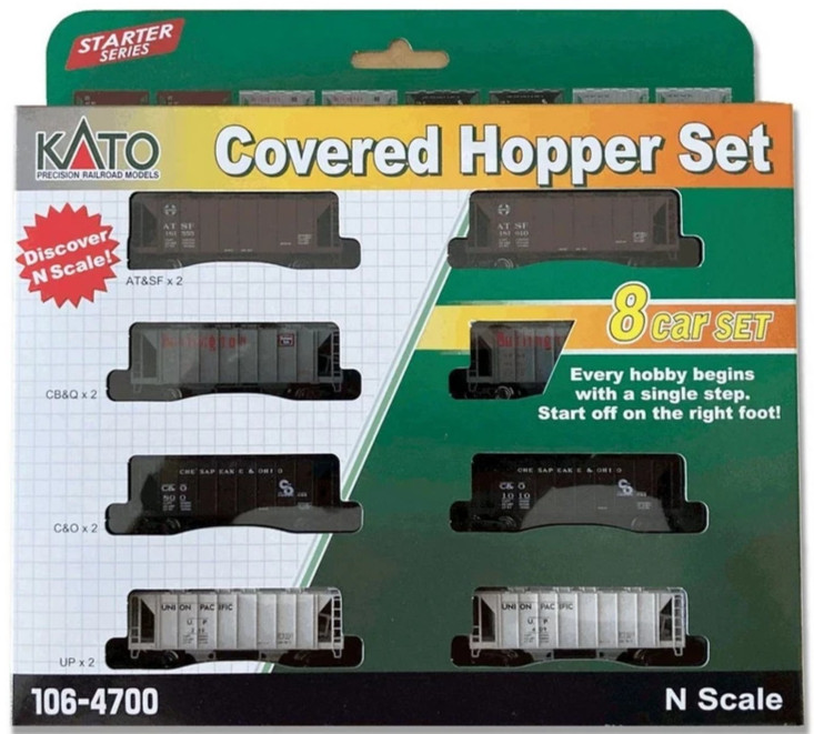 Kato 106-4700 N Scale ACF 70-Ton 2-Bay Covered Hopper ATSF BN C&O UP (Set of 8)