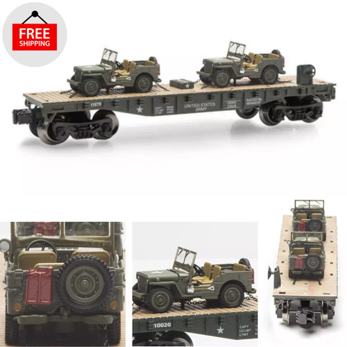 O Gauge Two US Military Army Cargo Jeeps Train Cars Camo Long Army Flatcar