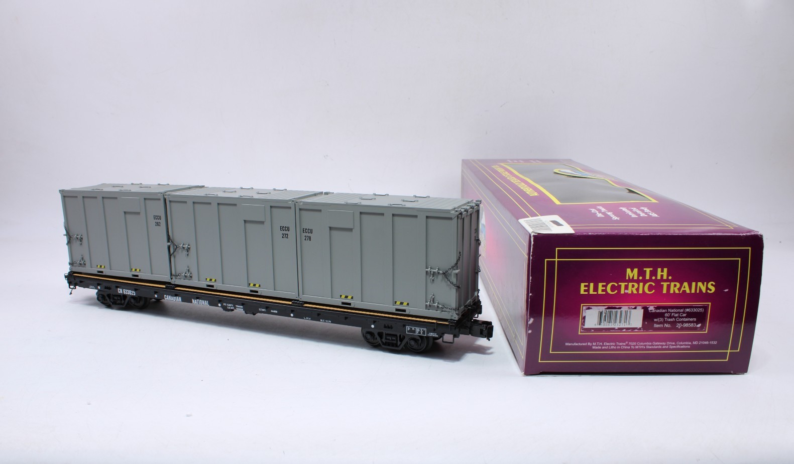 MTH 20-98583 O 60′ Flat Car Canadian National #633025 Trash Containers