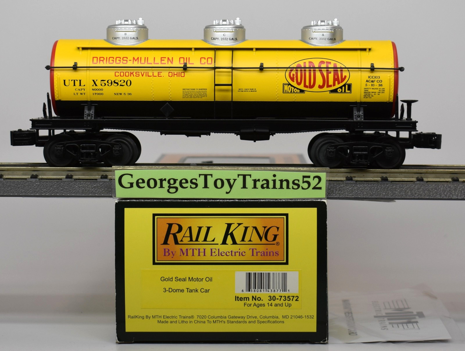 MTH RAILKING 3-RL O #59820 UTLX GOLD SEAL MOTOR OIL 3 DOME TANK CAR 30-73572 NIB