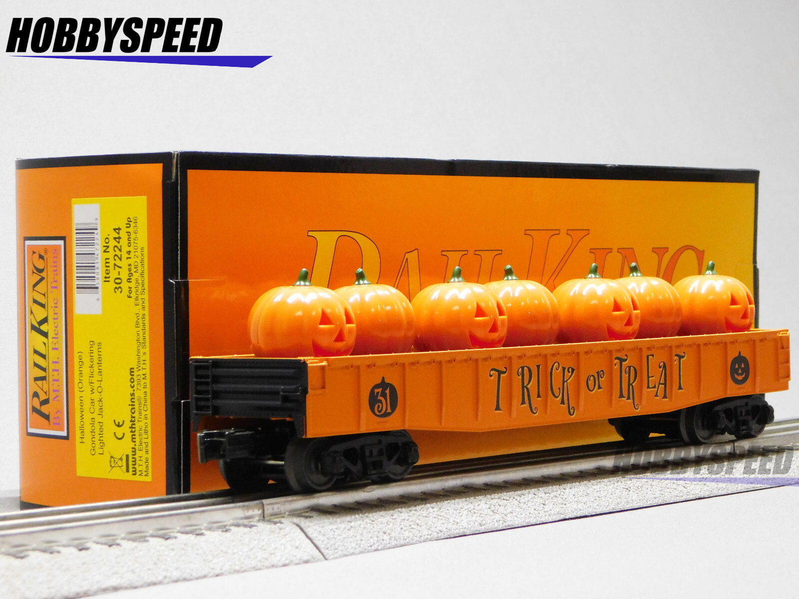MTH RAILKING HALLOWEEN GONDOLA CAR W/FLICKERING JACK O LANTERNS 30-72244 NEW