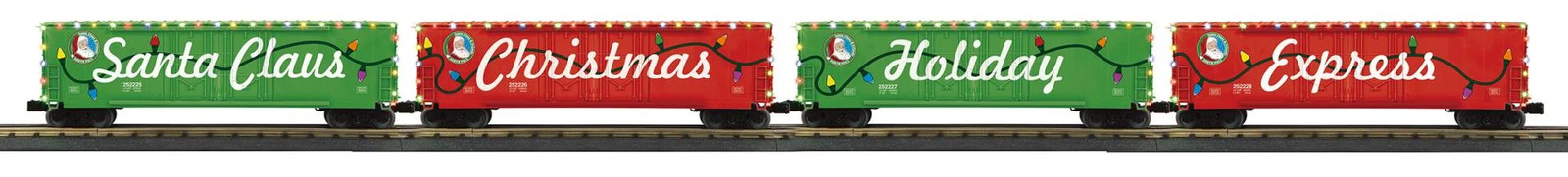 MTH 30-70151 Christmas 4-Car 50’ Double Door Box Car Set w/LED lights