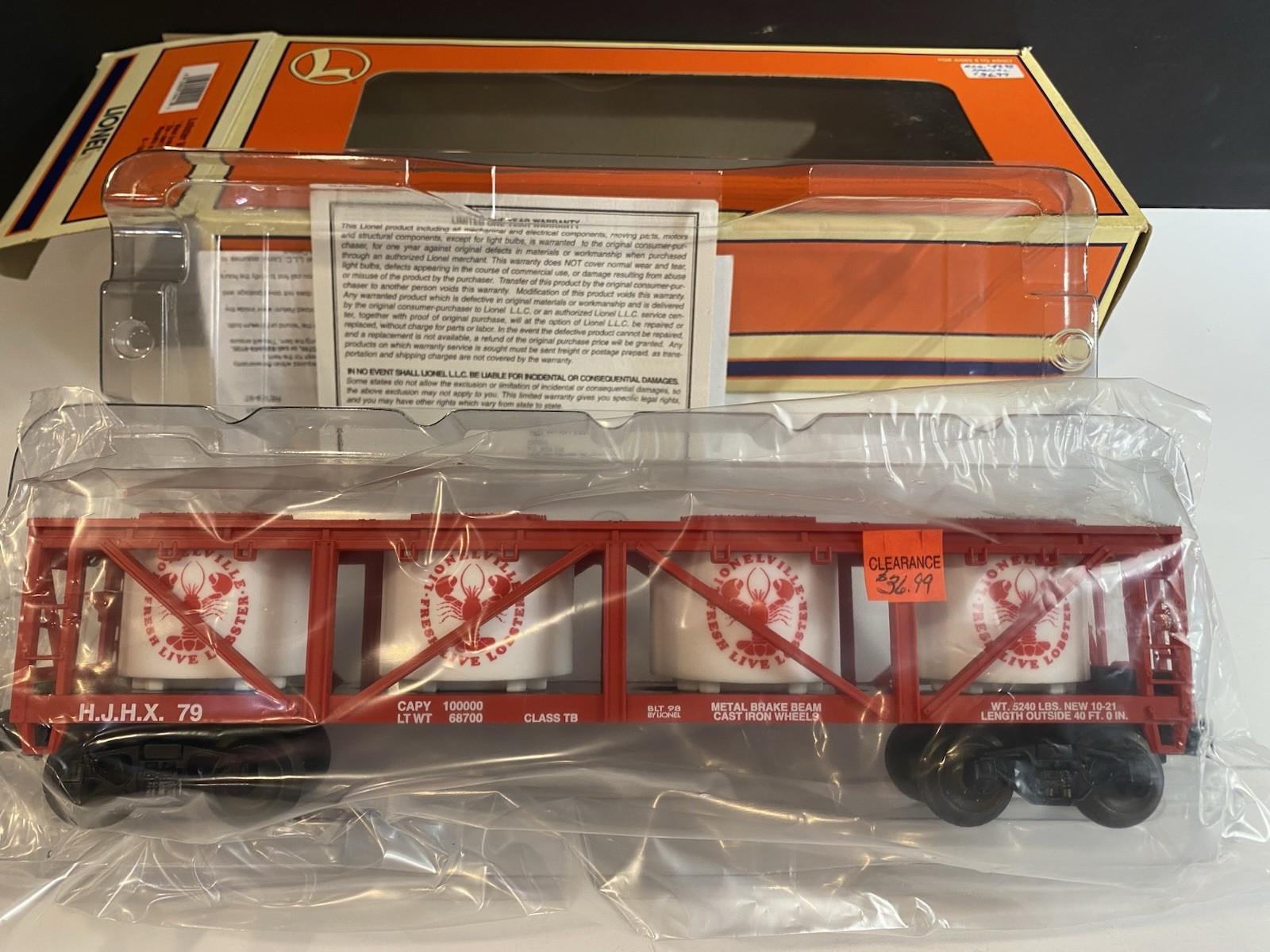 Lionel 6-19441 O Gauge Lionelville Fresh Live Lobster Vat Car HJHX 79 NIB NOS