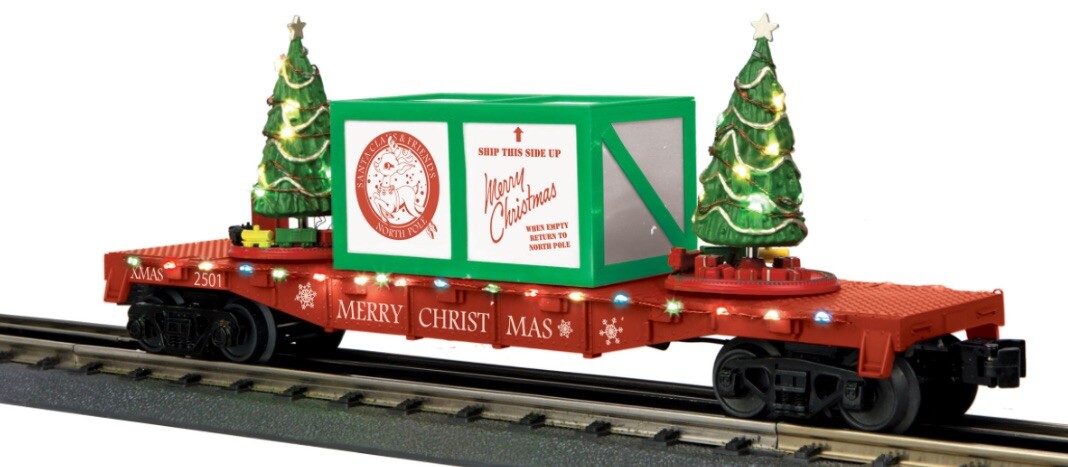 MTH RAILKING CHRISTMAS FLAT CAR & LIGHTED CHRISTMAS TREES O GAUGE TRAIN REINDEER
