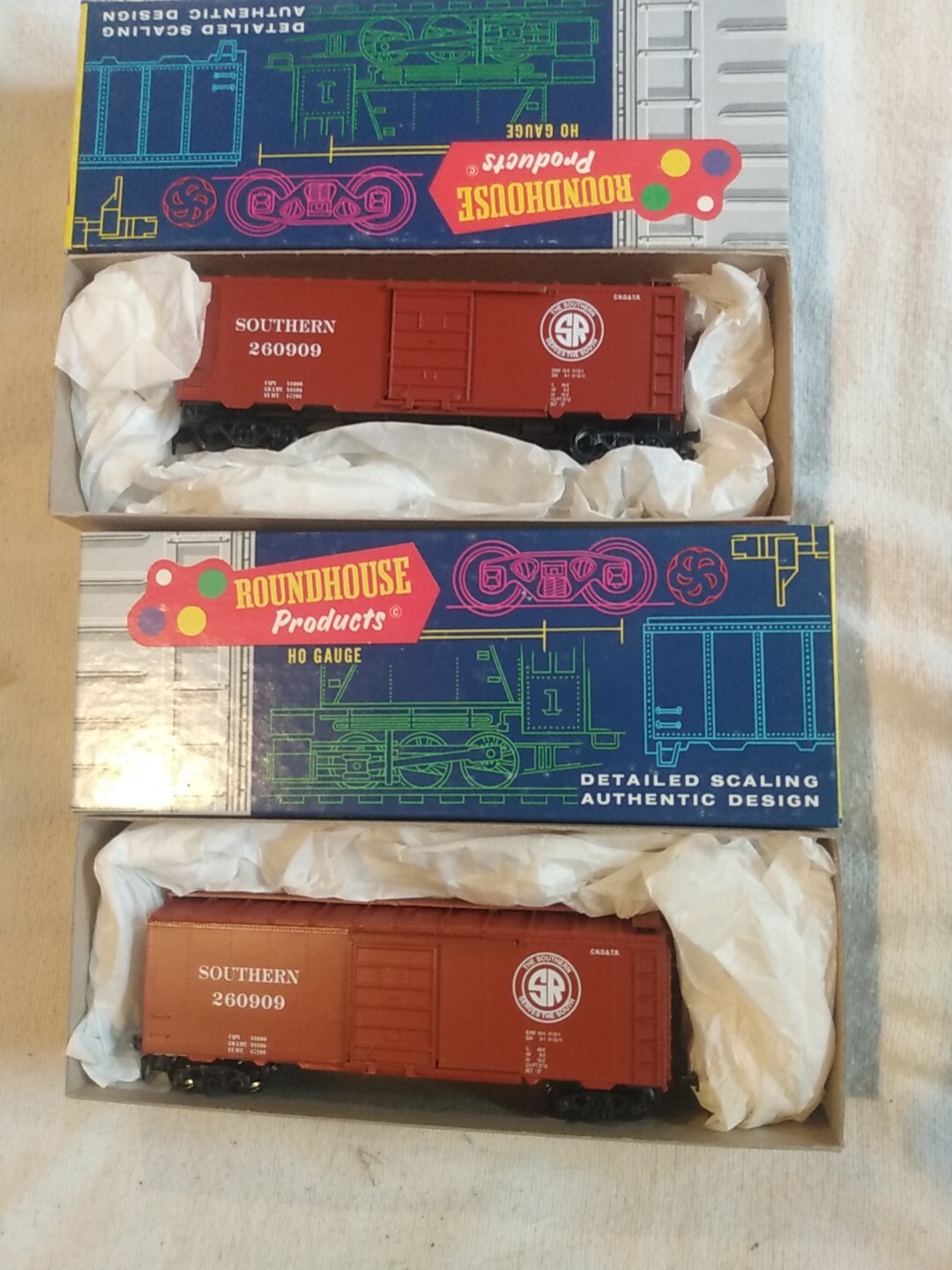 Vtg. Roundhouse Railroad Train RR 40′ AAR Boxcar Southern, 7775 NIB 260909 MIB