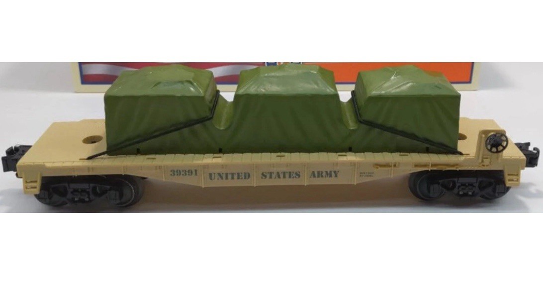 LIONEL U.S. ARMY FLATCAR W/ TARPED LOAD 6-39391! O & 0/27 GAUGE TRAIN MILITARY