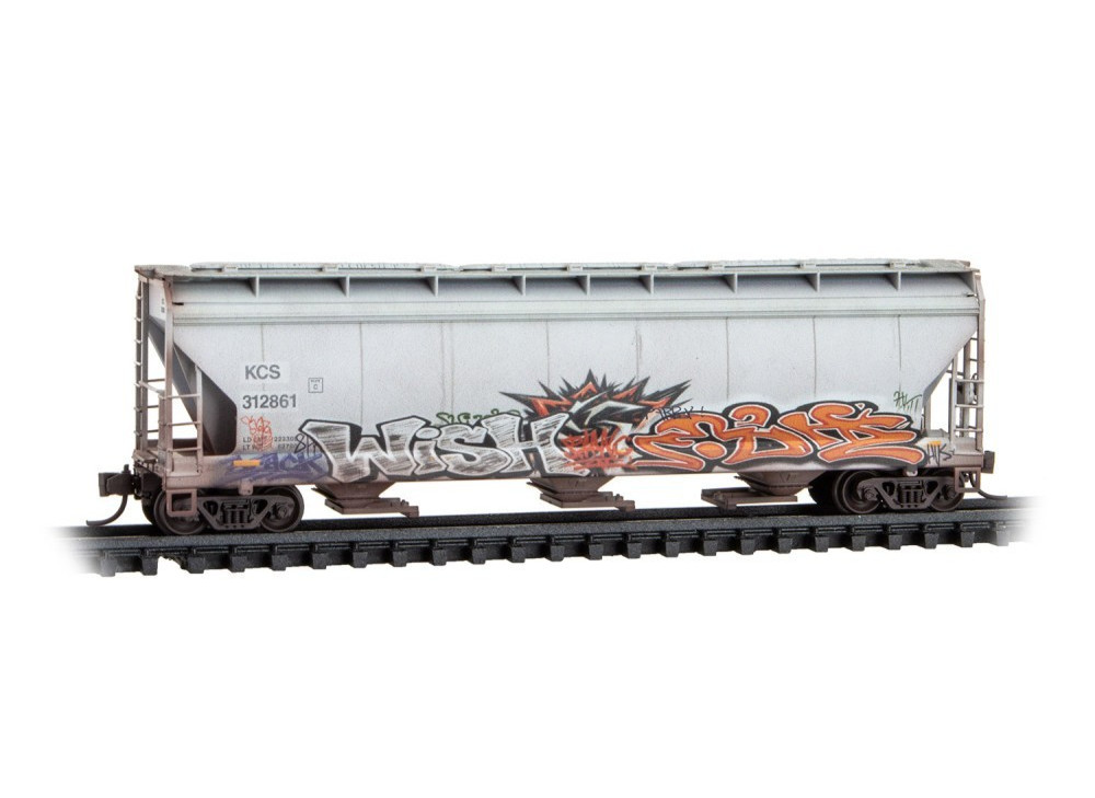 KCS CP RAIL 3-Bay Covered Hopper Weathered Graffiti MTL #094 44 272 N SCALE