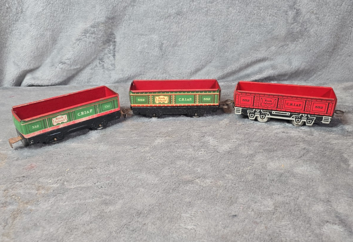 Marx Vintage Tin Litho Train Cars Rock Island C.R.I.& P. 552 Lot of 3 Green Red