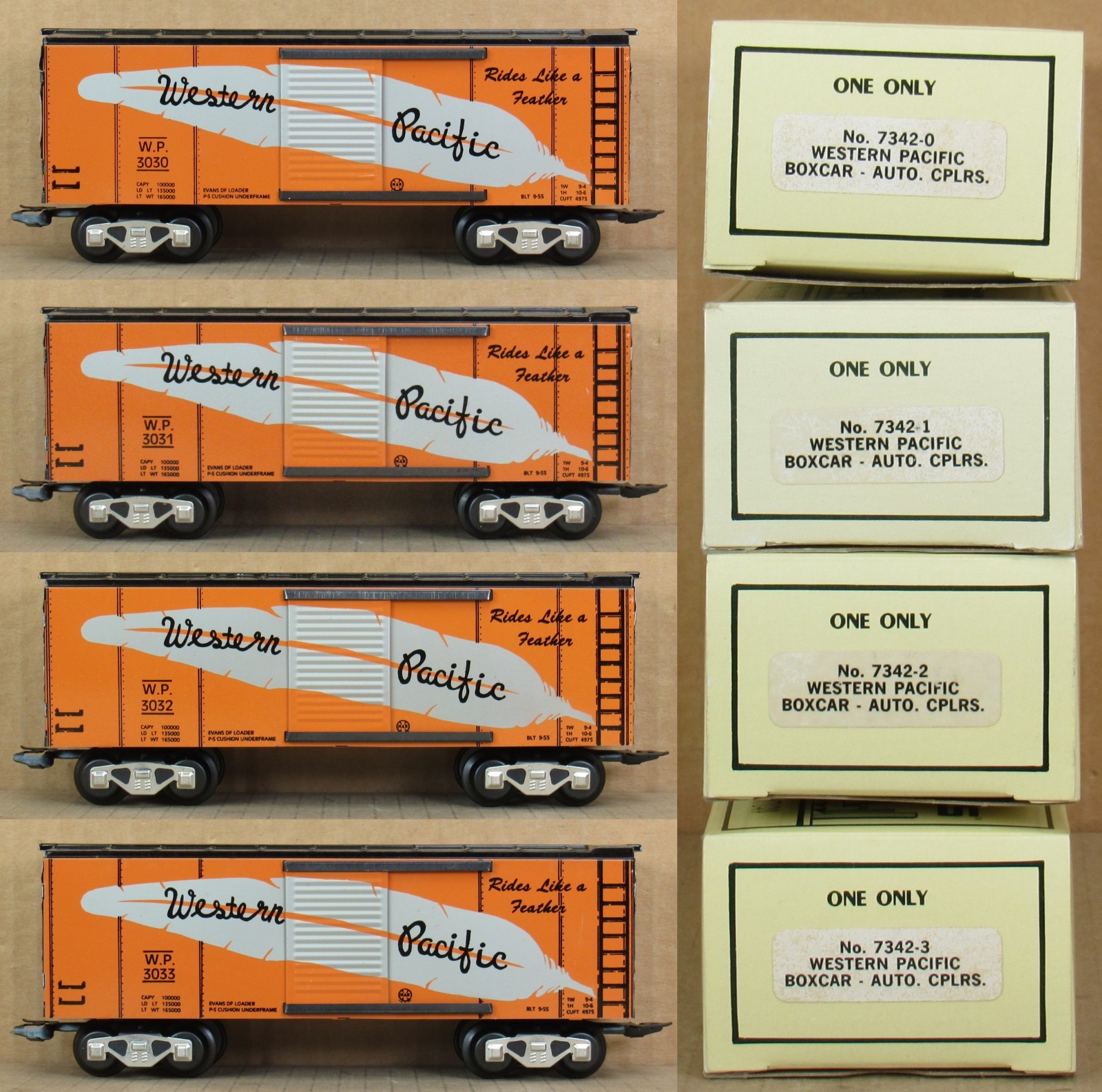 New/Modern Marx 7342-0/1/2/3 Western Pacific “Feather” Boxcar 4-Car O-Gauge *