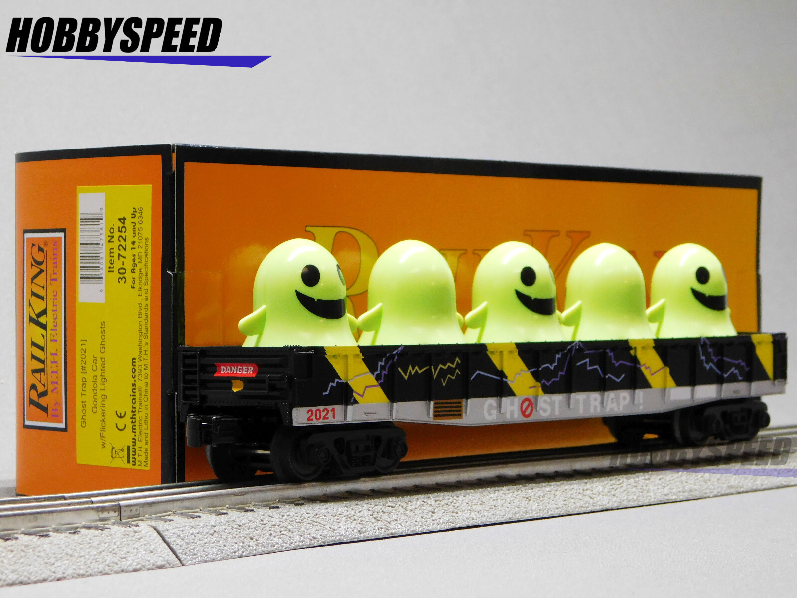 MTH RAILKING HALLOWEEN GONDOLA WITH GLOWING LIGHTED GHOSTS TRAP 30-72254 NEW
