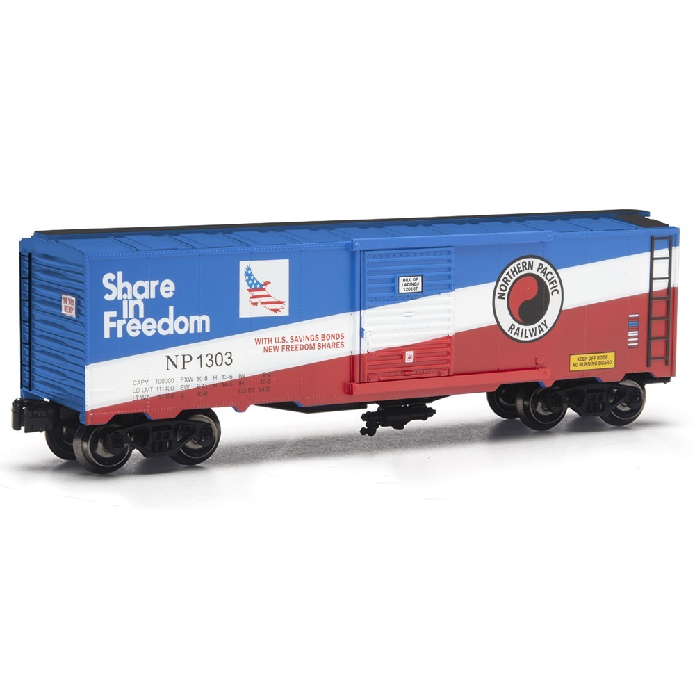 Menards Northern Pacific Boxcar Red, White & Blue. Savings Bonds Boxcar. O Gauge
