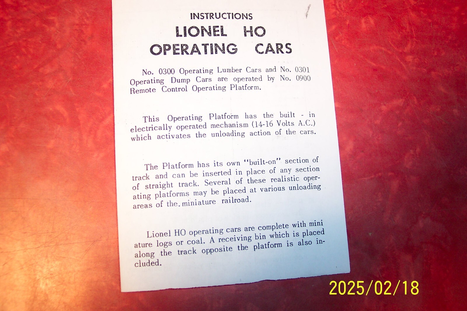 LIONEL # 0300 LOG CAR, # 0301 COAL CAR, # 0900 REMOTE INSTRUCTIONS, PHOTOCOPY,HO