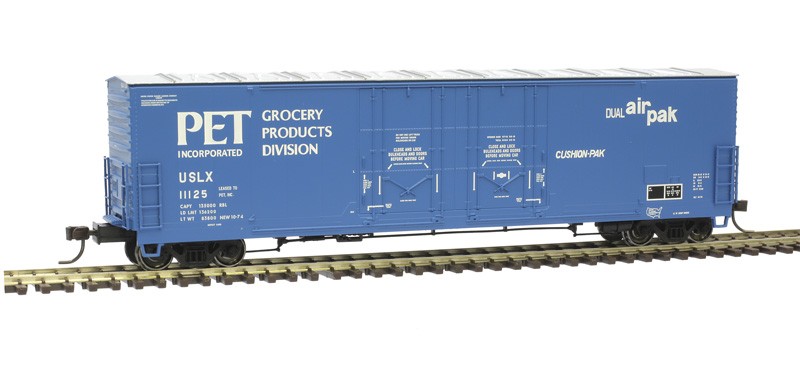 Atlas HO Scale Evans 53′ Double Plug-Door Box Car PET Inc. (Blue/White) #11125
