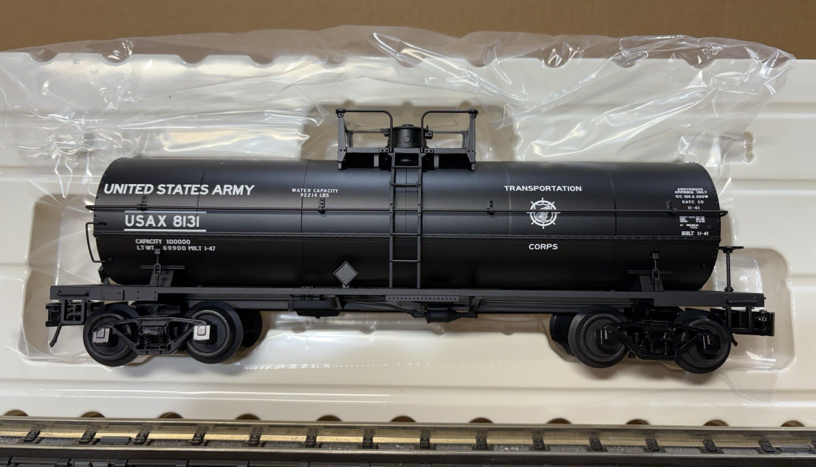 ATLAS O. UNITED STATES ARMY. 11,000 GALLON TANK CAR. 3RAIL. O SCALE.