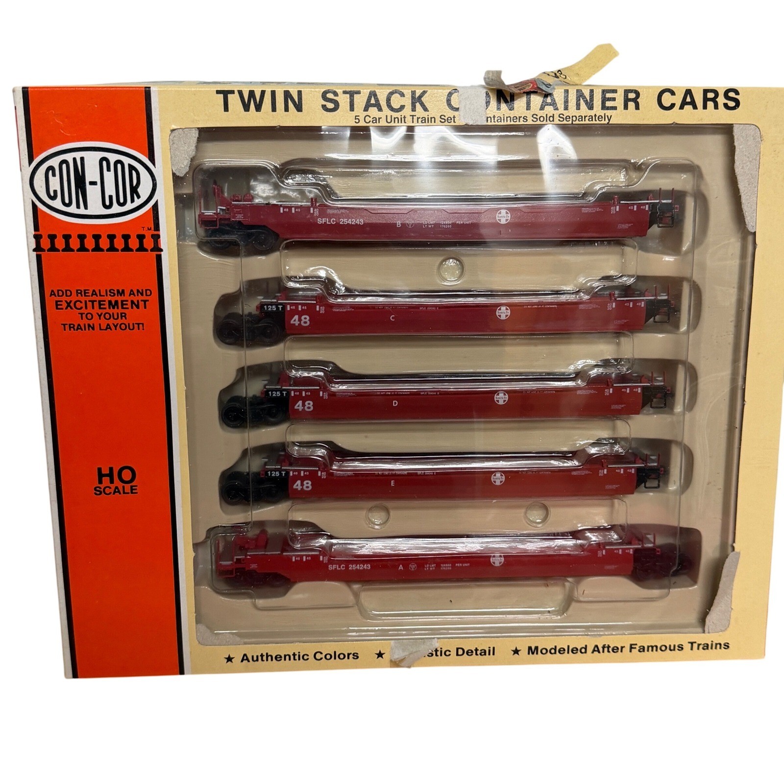 Con-Cor HO Scale Santa Fe Twin Stack 5 Car Unit Train Set SFLC 254243 Red