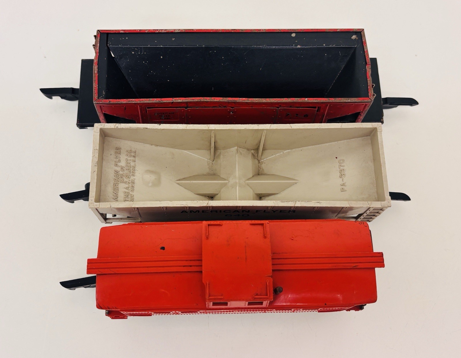 American Flyer S Lot of 3 Freight Cars Dump Car 716 Hopper 640 Reading Caboose