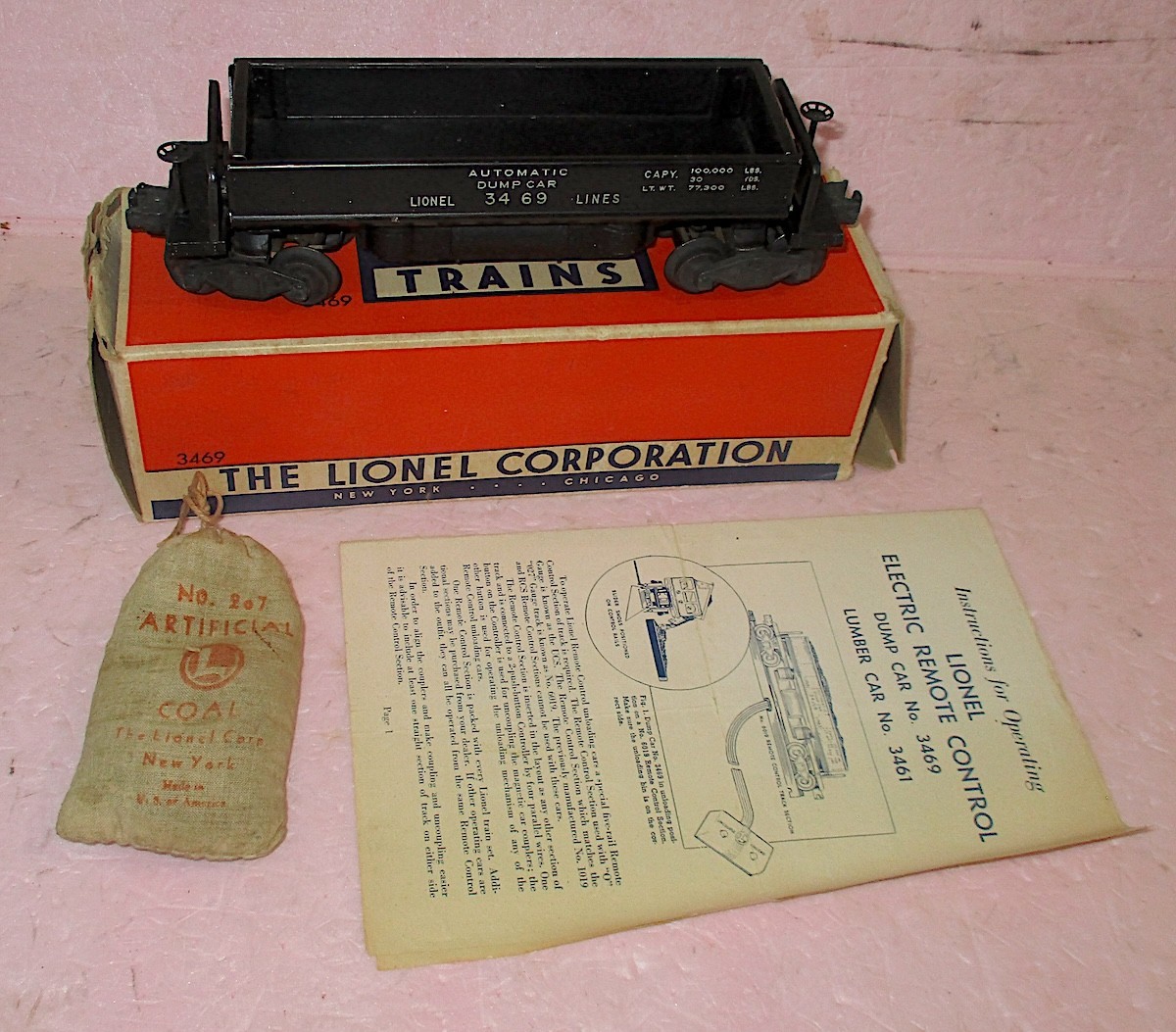 Lionel 3469 ORE DUMP CAR +209 Coal Bag-Bin-Box-Instructions COMPLETE+TESTED-EXC!