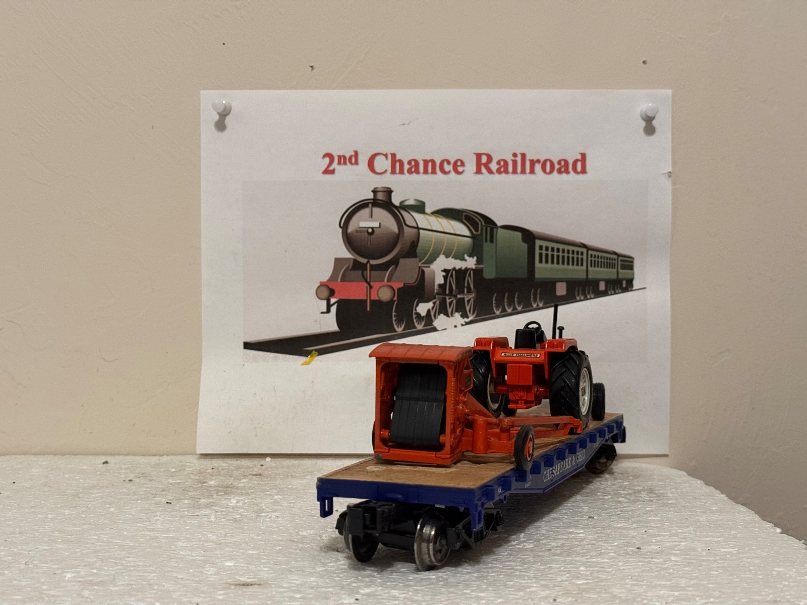 O Scale Trains Menards Chesapeake Ohio Flat Car 5595 w/Allis Chalmers